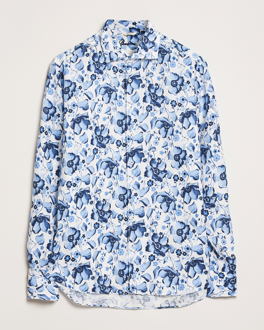 Stenströms Fitted Body Flower Printed Linen Shirt Blue