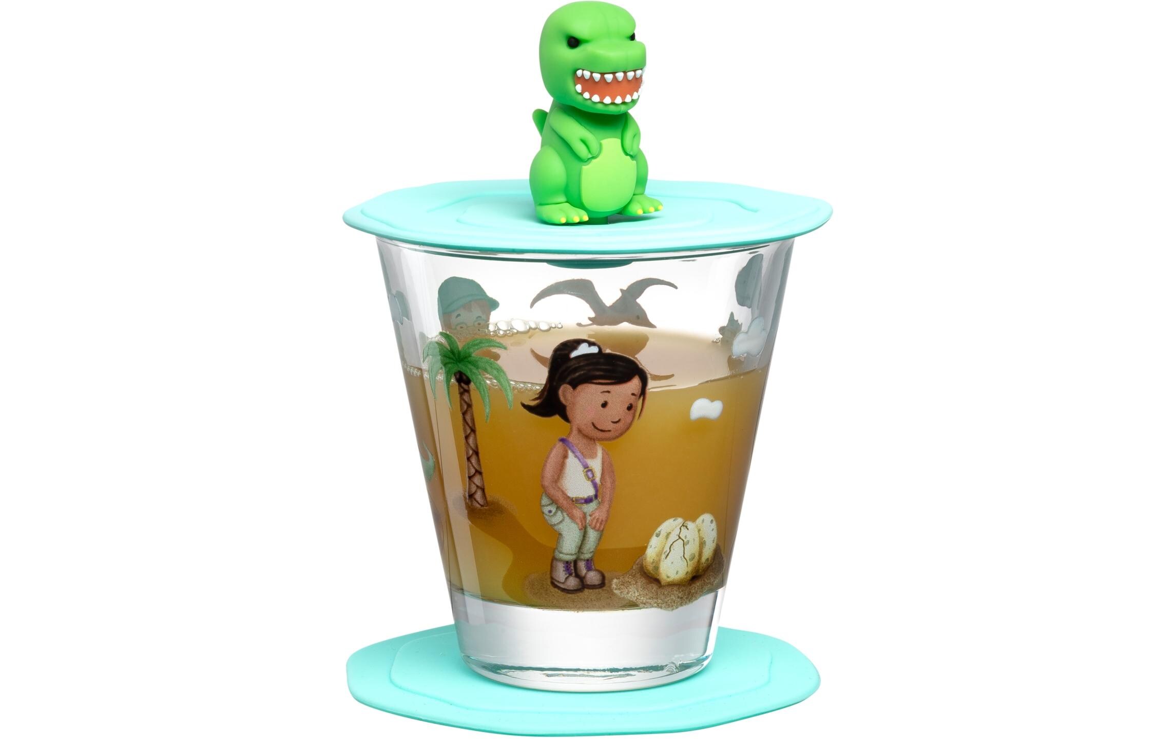 Kindertrinkglas Avventura 215 ml, 3-teilig, DinosaurierTrinkglas für Kinder mit Deckel und Untersetzer