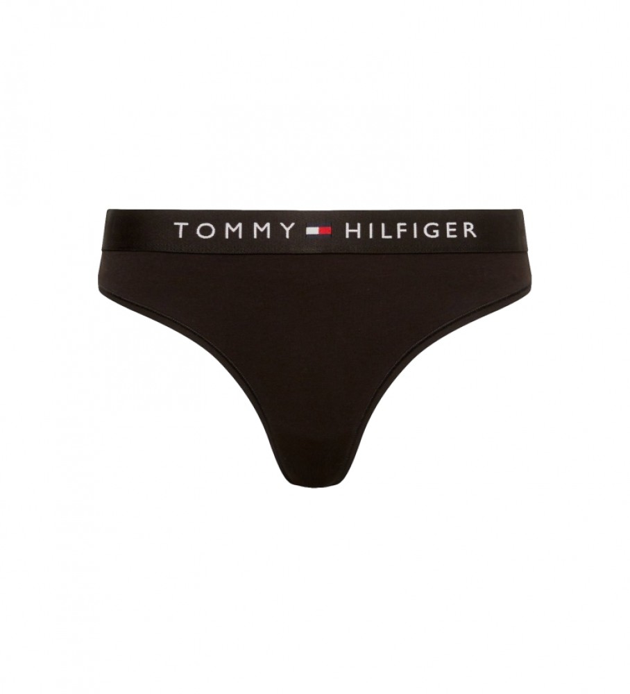 Calcinha fio dental Tommy Hilfiger com logo na cintura, preta.