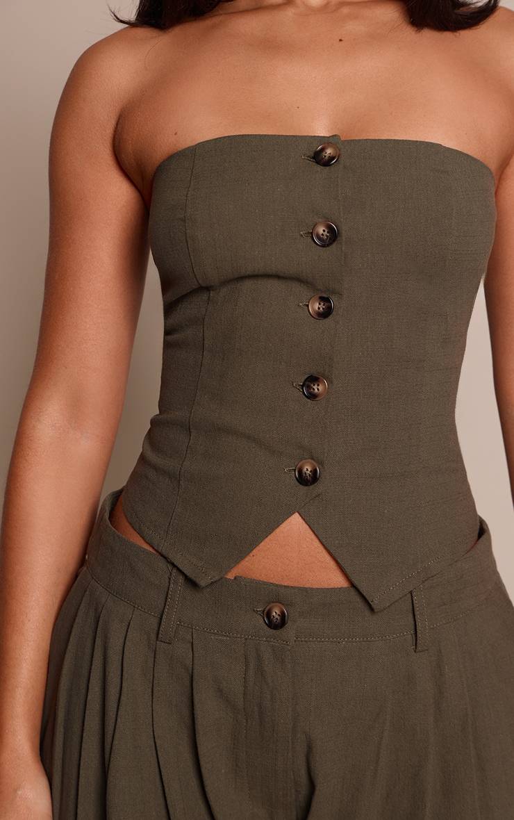 Dark Khaki Haut Bandeau Boutonné Aspect Lin Co-ord Petite