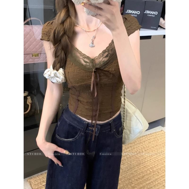 Secolo - Blouse met korte mouwen, ronde hals, kanten rand en strik
