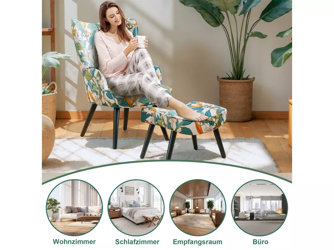 Fauteuil HomeMiYN avec Coussin et Tabouret - Chaise d'Angle Rustique pour le Salon