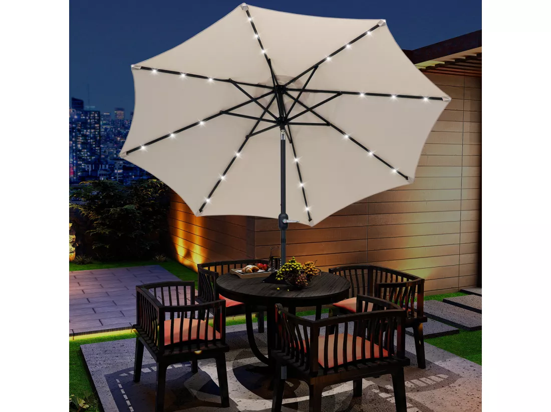 Parasol octogonal inclinable Ø 2,67 x 2,4 m lumineux solaire 24 LED polyester haute densité 180 g/m² crème