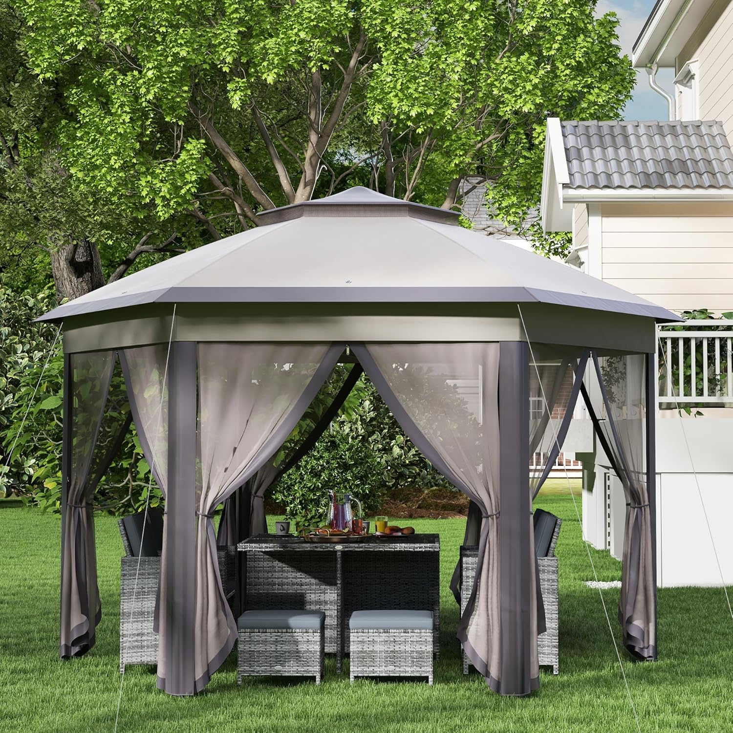 Outsunny Pavillon 4x4m Wasserdicht Pop-up sechseckiger Faltpavillon, Doppeldach, Gartenpavillon mit 6 Seitenteilen, Partyzelt inkl. Tragetasche, für Garten, Terrasse, Festival, Kaffee+Beige