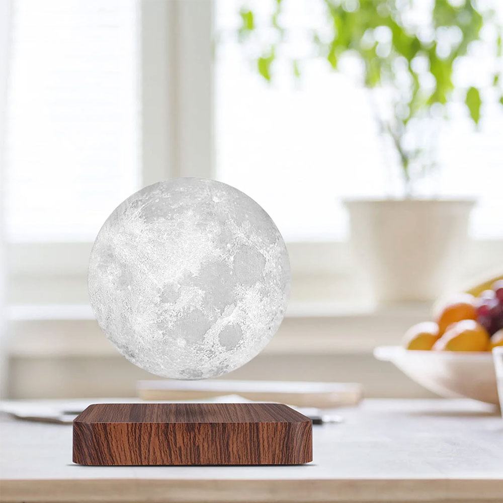 (Ø15cm) Schwebende 3D LED Mond Lampe Nachtlicht Deko Beleuchtung mit Holzsockel - Hellbraun