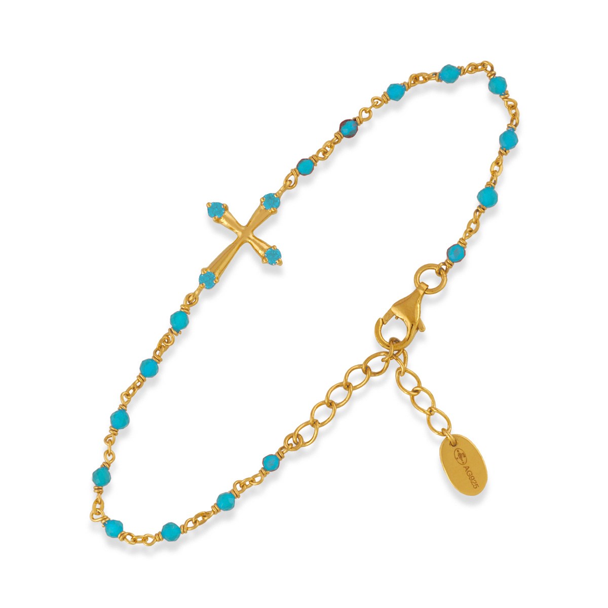 Bracelet En Argent Doré Croix Pierres Naturelles Turquoise
