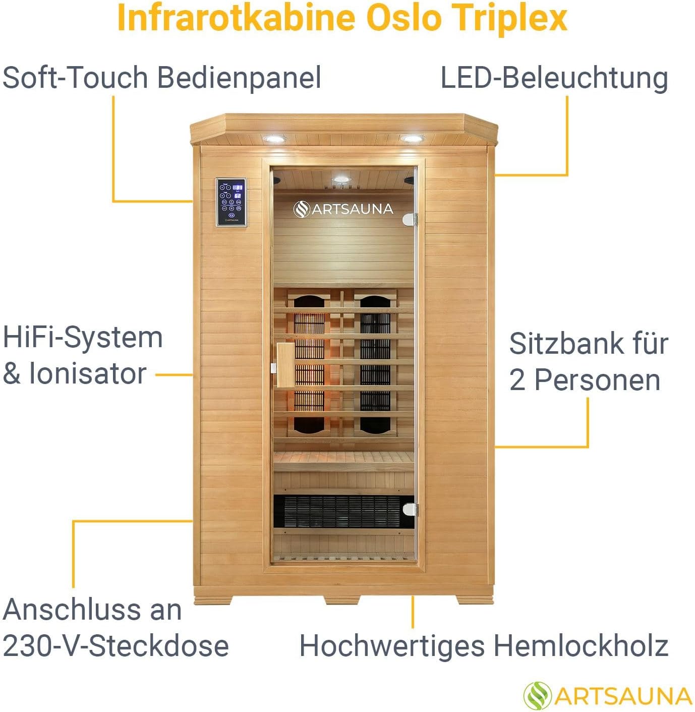 Artsauna Infrarotkabine Oslo - Triplex-Heizsystem Infrarotsauna - 2 Personen - LED-Farblicht, Digitale Steuerung - Hemlock-Holz