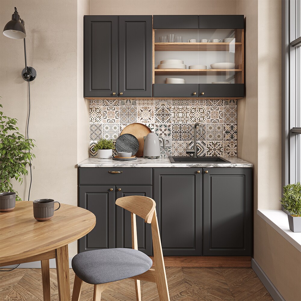Vicco Küchenzeile Küchenblock Einbauküche Fame-Line Single Landhaus Eiche Anthrazit Gold 140 cm modern Küchen Schränke Spülenunterschrank Schubunterschrank Hängeschrank Hängeglasschrank