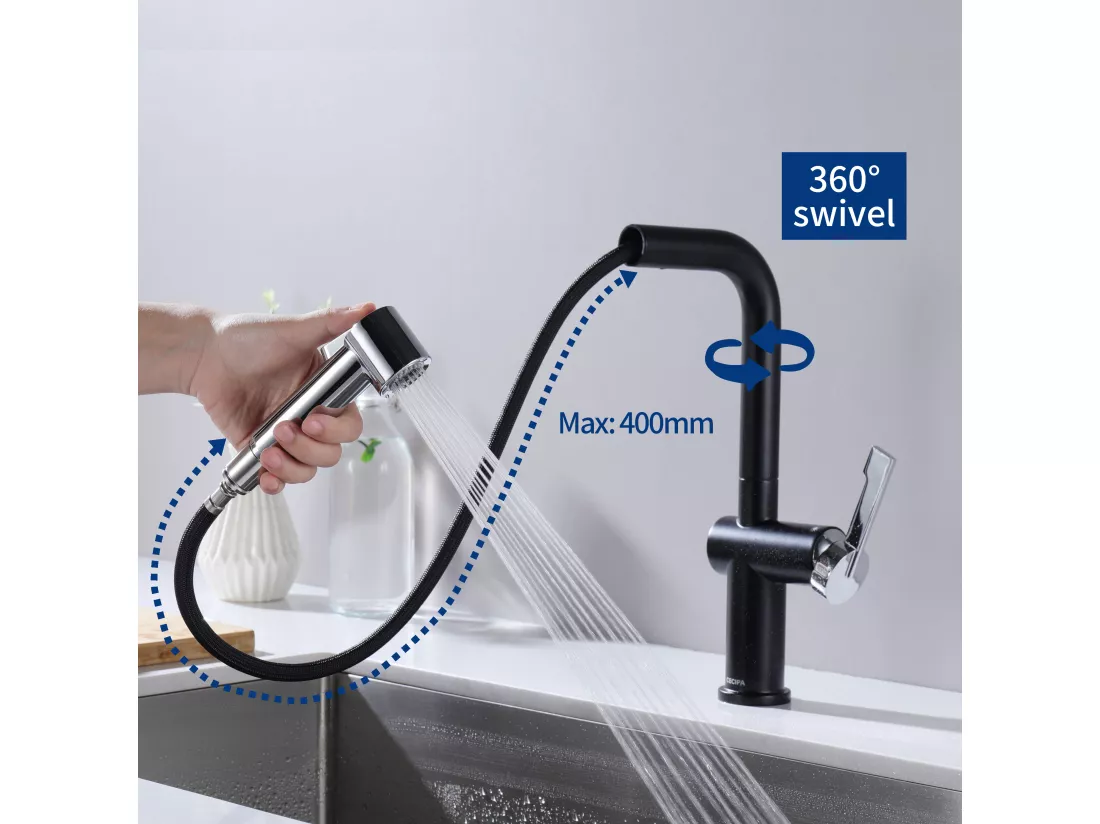 Cecipa max Robinet de Cuisine Noir + Galvanique avec 40 CM Douchette Extractible Mitigeur Cuisine à 2 Jets Eau Froide et Chaude,EU Modèle