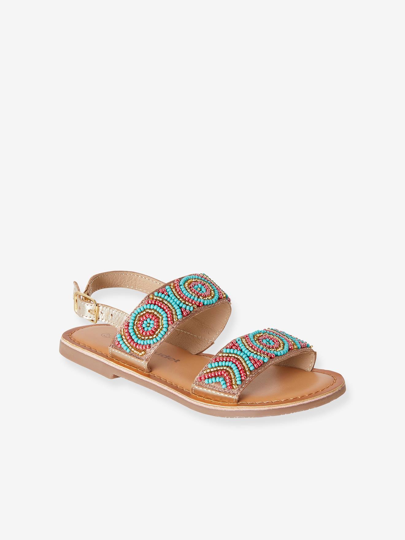 Sandálias de tecido com miçangas, para meninas, lisas, azul claro com estampas.