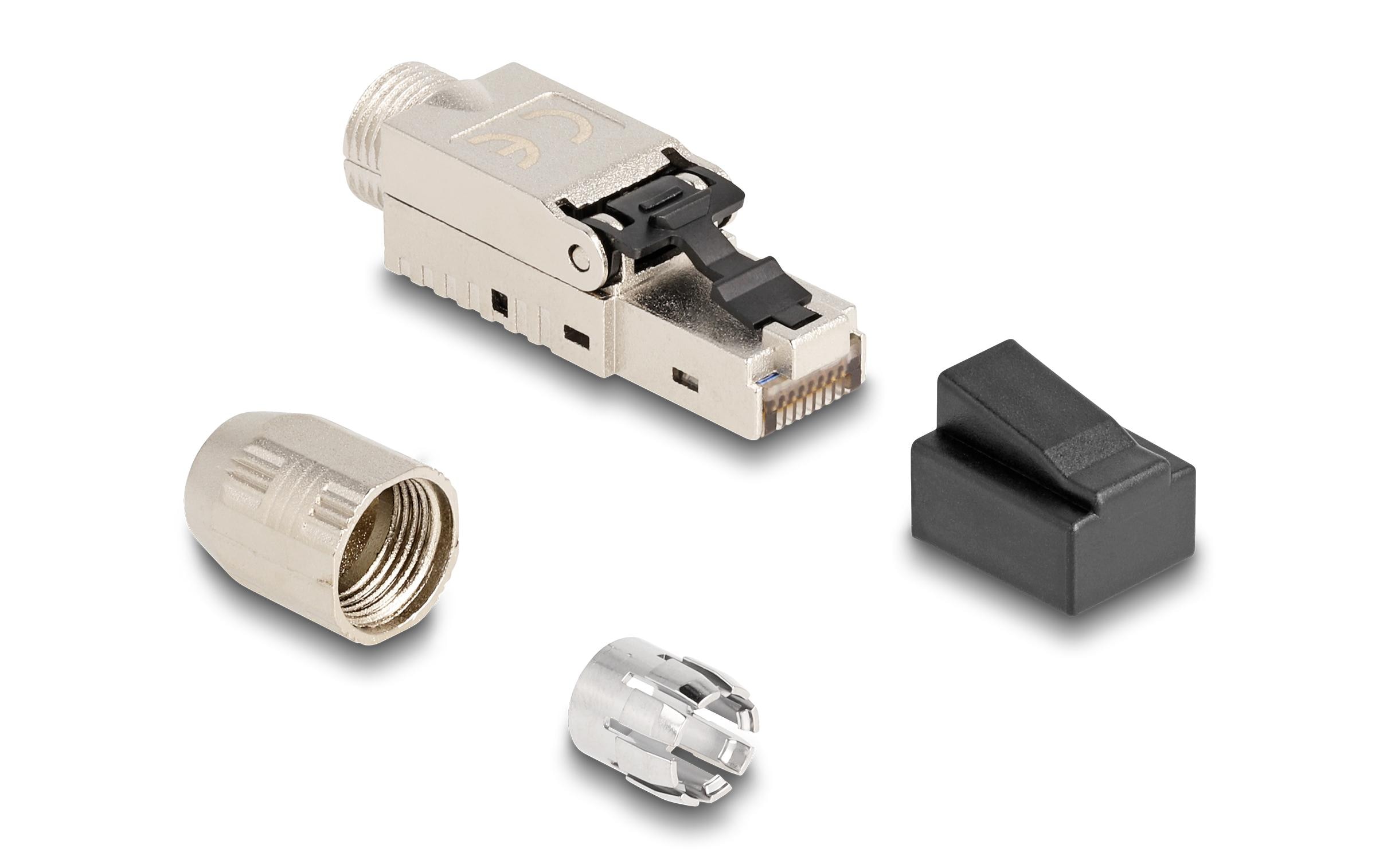 Stecker RJ45 Cat.6A Feldkonfektionierbar 1 Stück, SilberDelock RJ45 Stecker feldkonfektionierbar Cat.6A mit Kabelverschraubung und Staubschutz werkzeugfrei