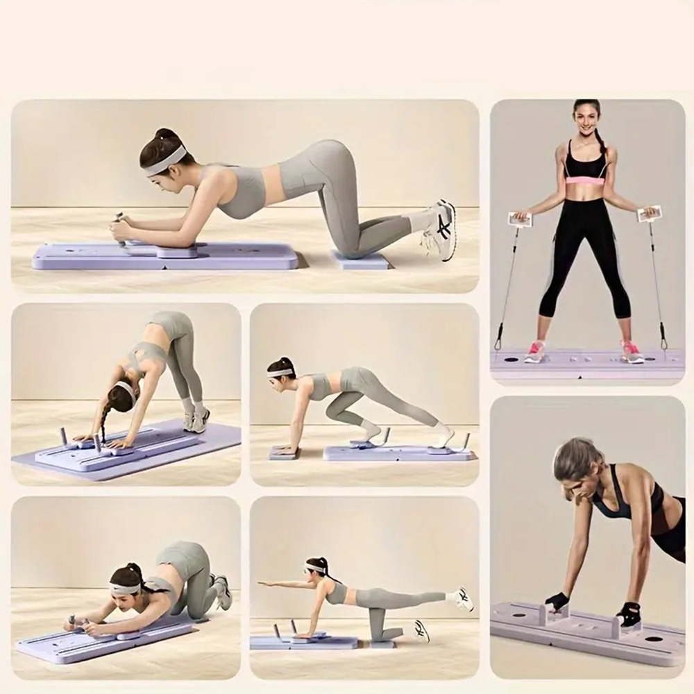 Multifunktionales Fitness Brett Pilates Reformer Board Faltbares Home Workout Sport Gerät inkl. Timer / Kniematte - Schwarz