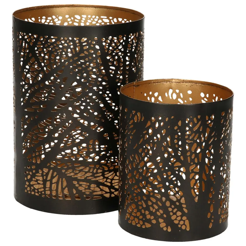 Windlicht set - 2x - zwart/goud - 10/15 cm - waxinelichthouder