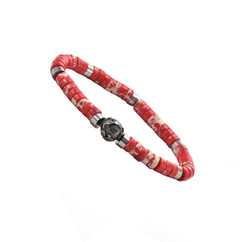 Bracelet Perles Heishi Pierres Naturelles Jaspe Impérial Orange,  Planète Acier-XS-14cm