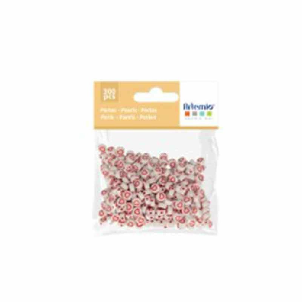 300 perles blanches coeur rouge dia 7 mm