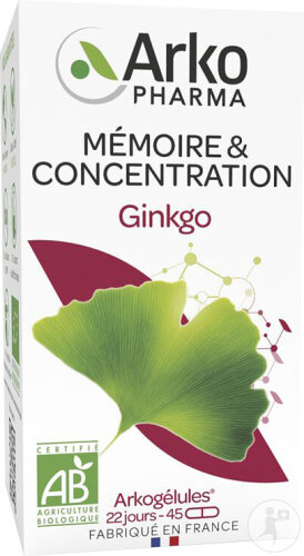 Arkogélules Ginkgo Mémoire Et Concentration Bio 45 Gélules Végétales