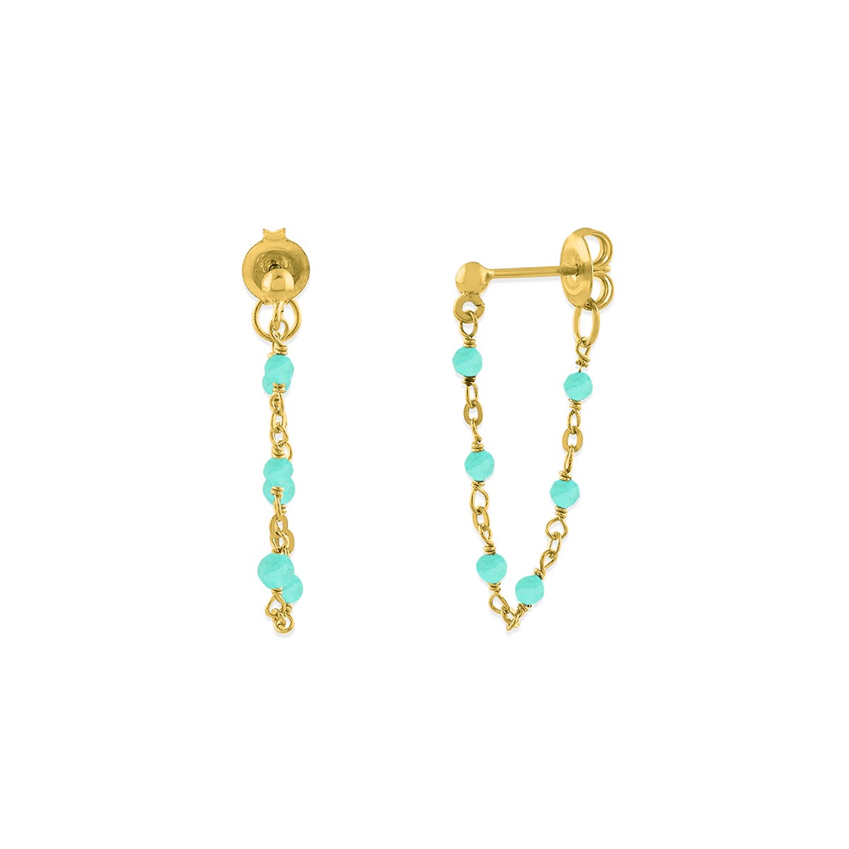 Boucles D'oreilles Argent Dorée Chaine Et Pierres Naturelles Amazonite