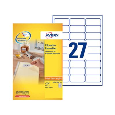 Avery - 675 Étiquettes amovibles blanches - 63,5 x 29,6 mm - Impression laser - réf L4737REV-25