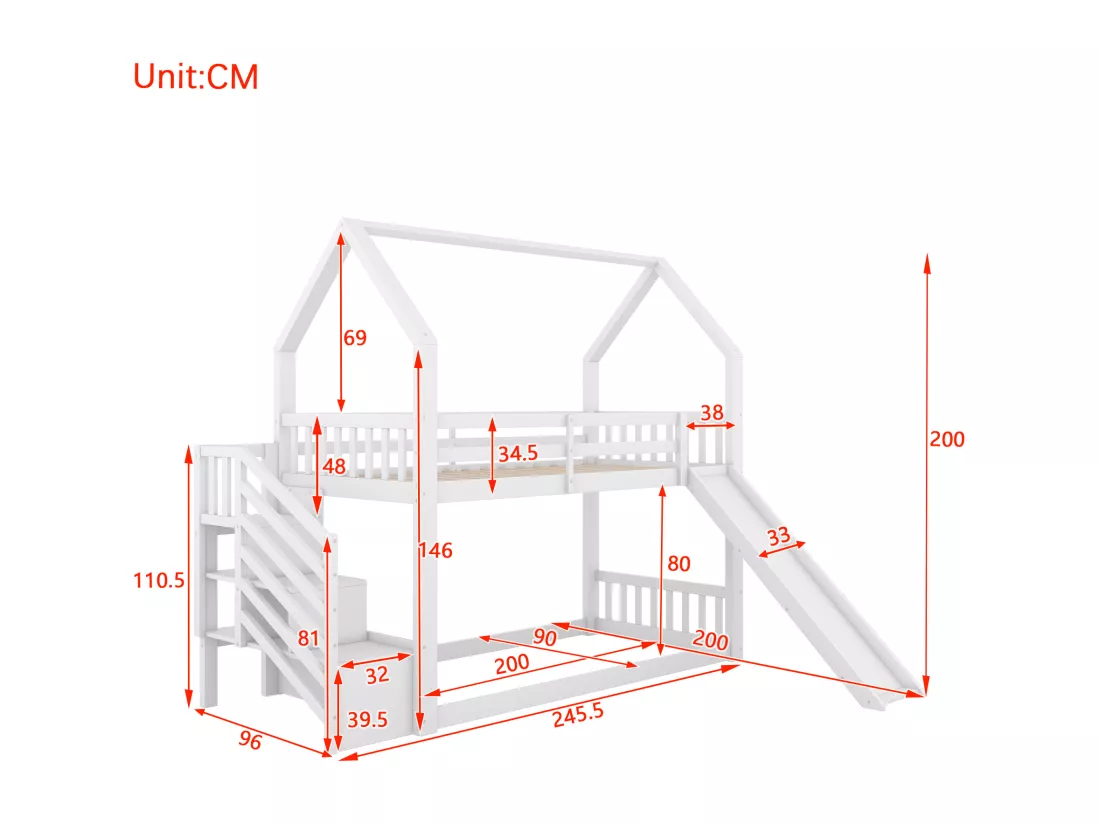 Lit superposé 90x200cm en bois - avec barrières + escalier de rangement + toboggan - Blanc