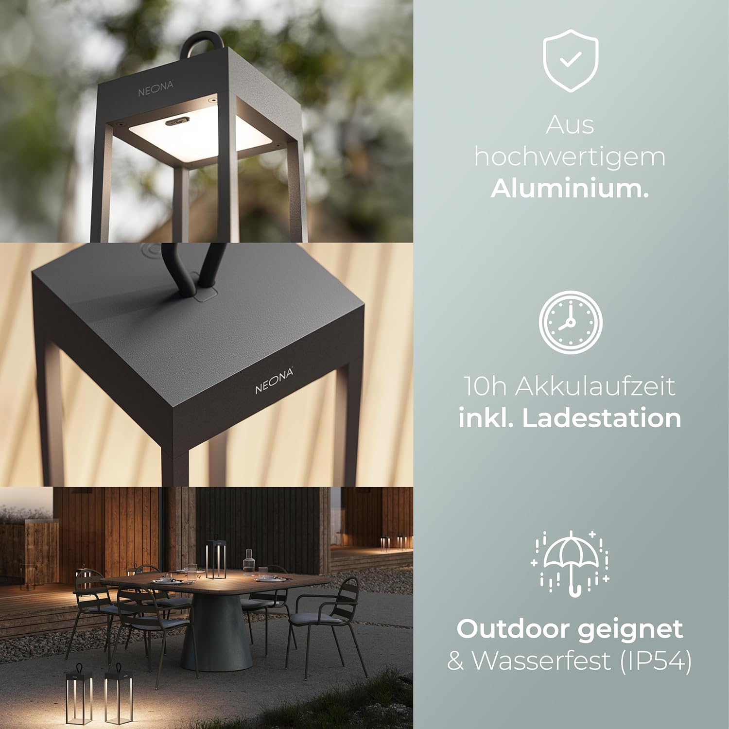 NEONA LED-Tischleuchte schwarz dimmbar - Nero Design-Tischlampe mit Touch & Ladestation - 2400mA Akku - IP54 Indoor & Outdoor geeignet - hochwertige Beleuchtung