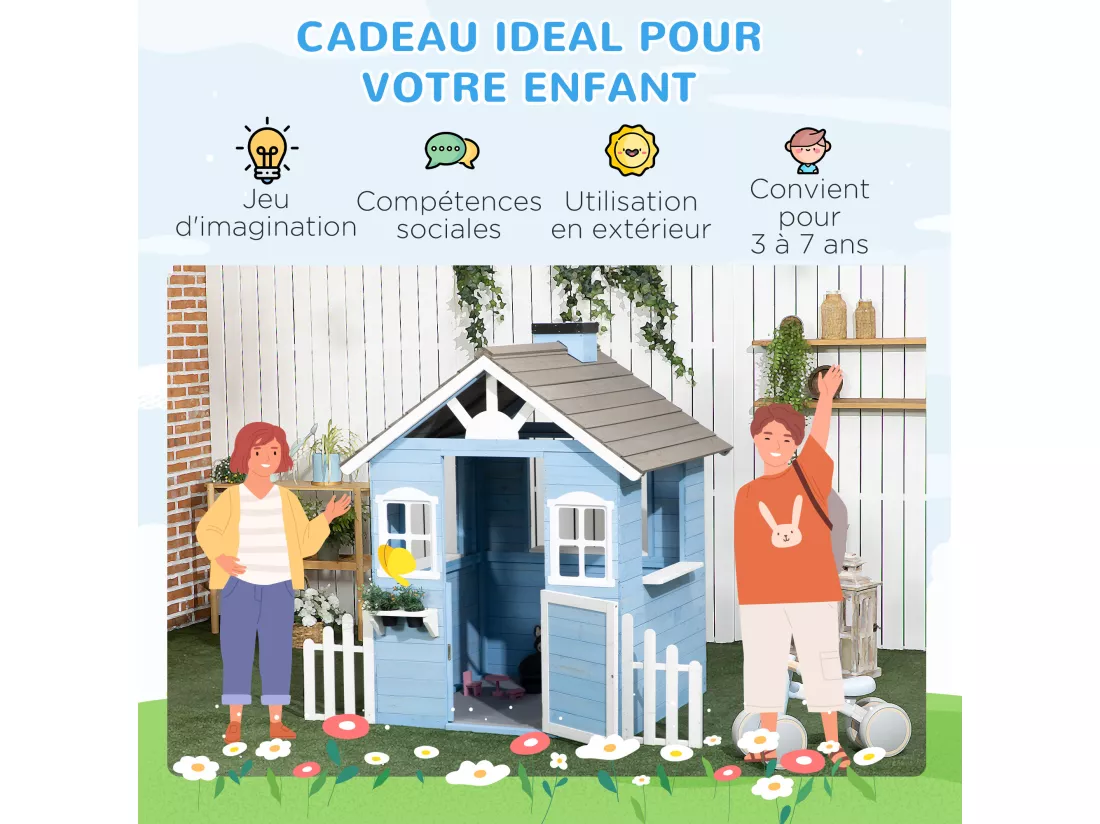 Maison de jeux enfant - jeu plein air maisonnette enfant - dim. 151L x 112l x 142H cm - bois sapin bleu blanc gris