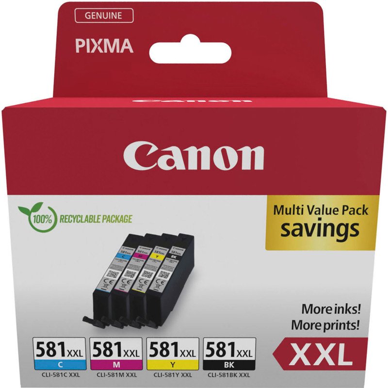 Canon CLI-581 XXL - Pack 4 cartouches haute capacité noir, cyan, magenta, jaune pour imprimante jet d'encre