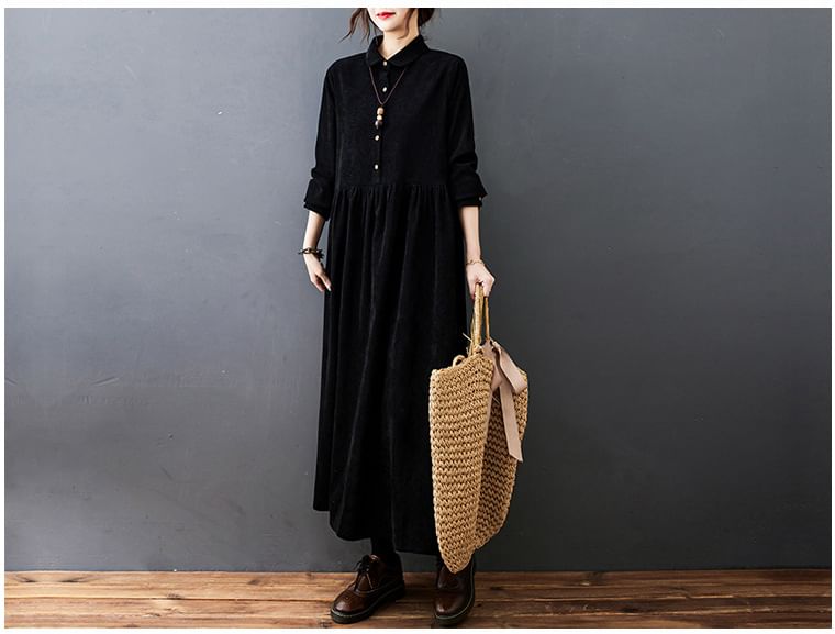 Lucuna - Lange mouwen, kraag, effen corduroy midi-lijn jurk