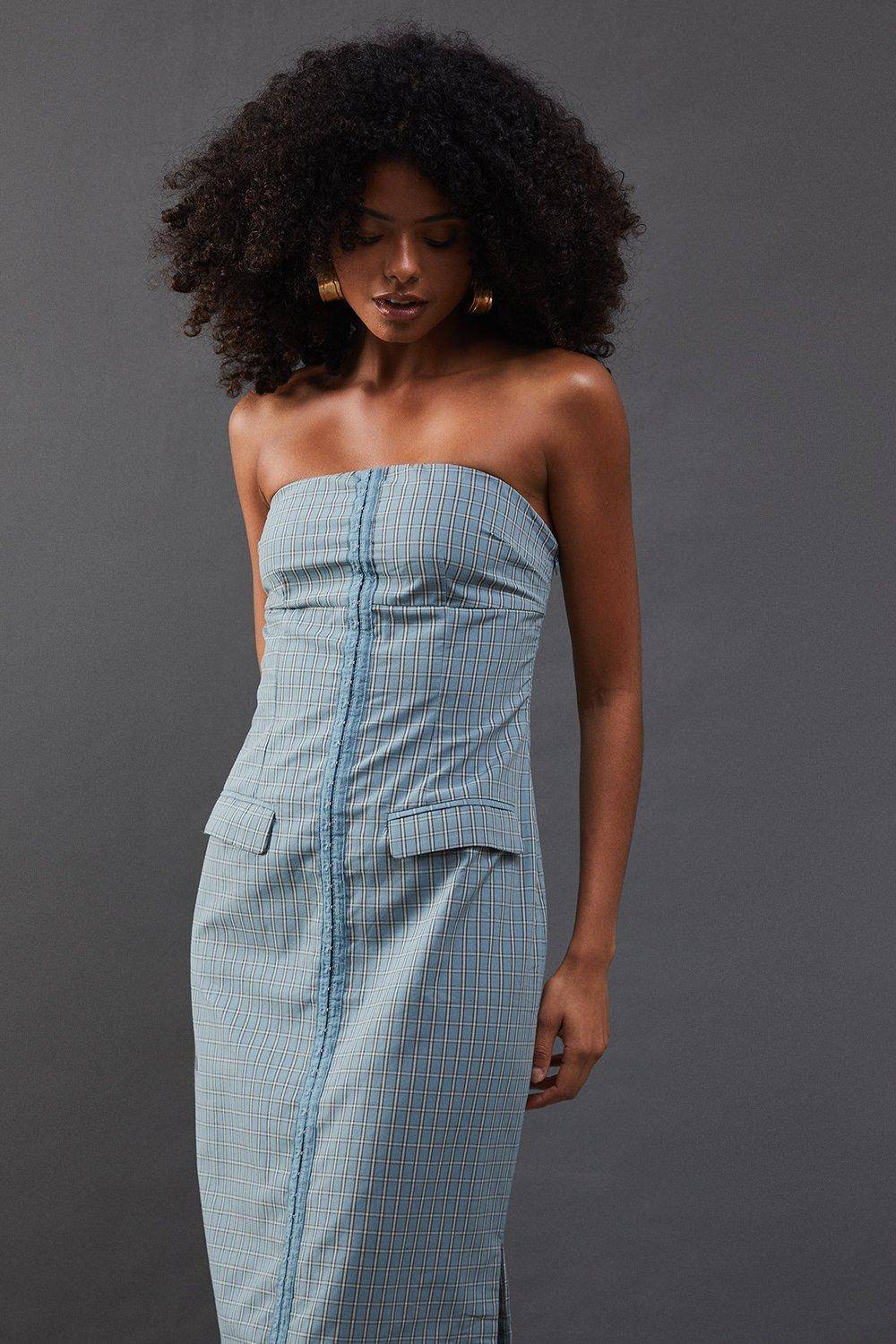 Warehouse Robe Midi Bandeau Ajustée à Carreaux avec Agrafes