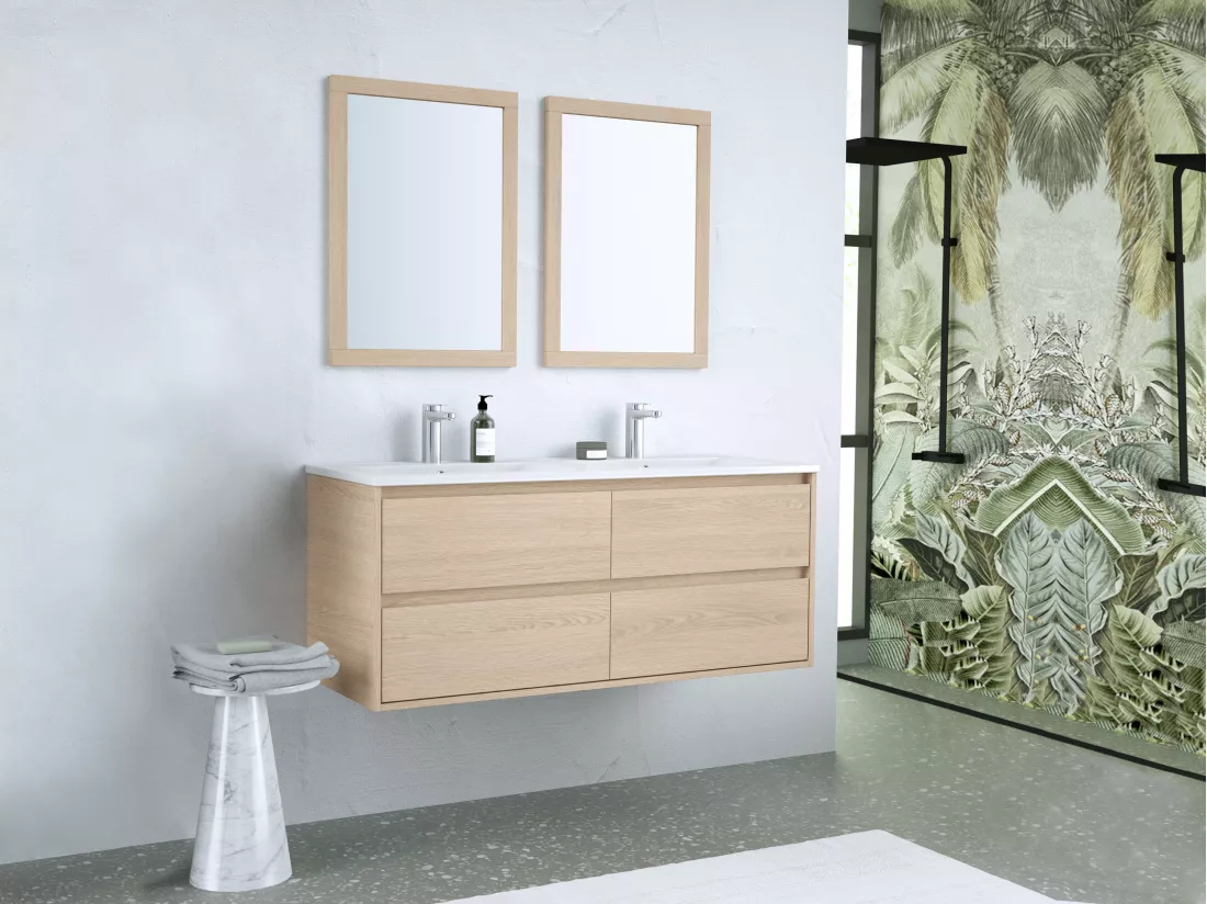 Meuble de salle de bain suspendu avec vasque à encastrer et miroirs - Placage chêne - 120 cm - MILIPAM