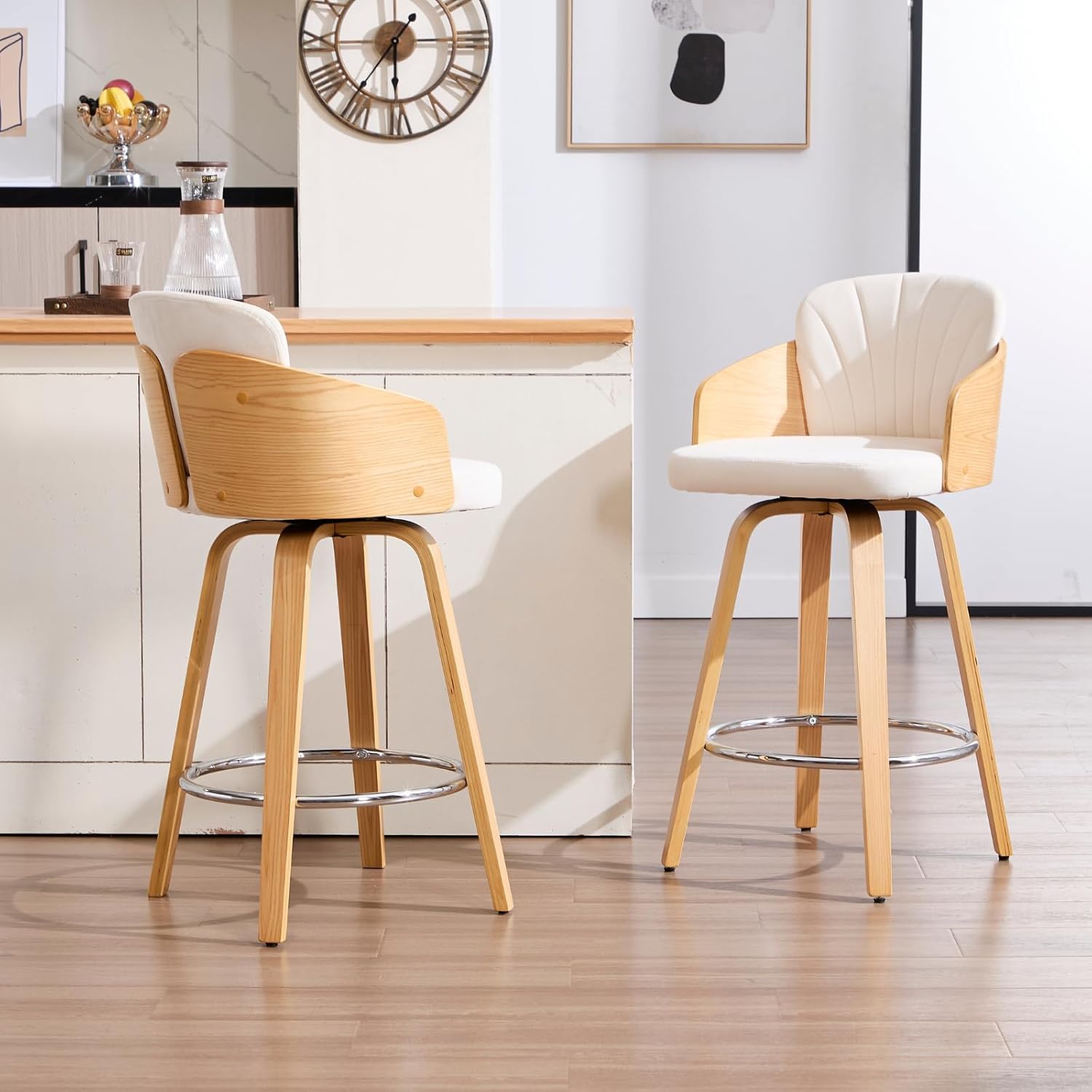 chairus Barstuhl 2er Set, Barhocker Samt Drehbar Küchenstühle im Muschelstil mit doppeltem Rückenpolster Thekenhocker Gebogene Holzbeine für Hausbar/Küche,Beige MA8982858