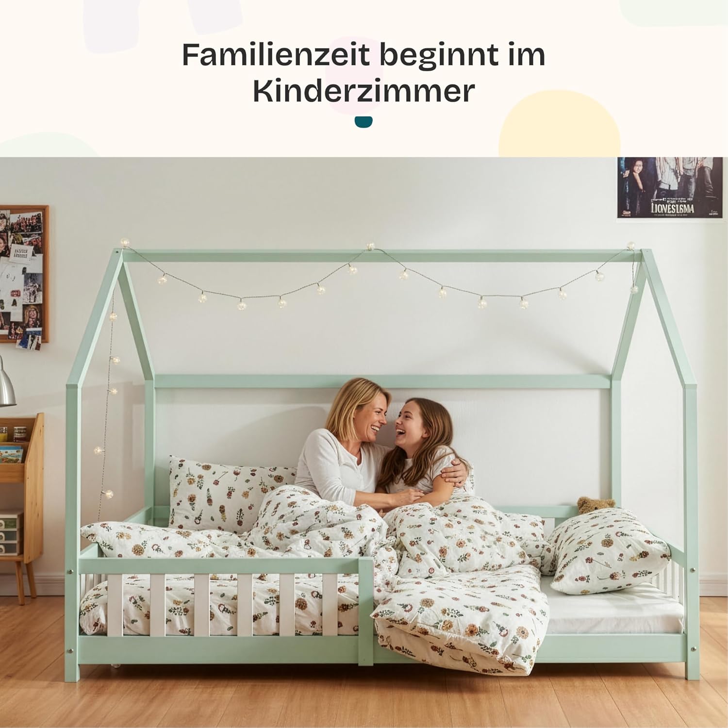 [en.casa] Kinderbett Hesel Hausbett Mintgrün 120 x 200 cm mit Rausfallschutz und Lattenrost Montessori Bodenbett Jugendbett Holzbett