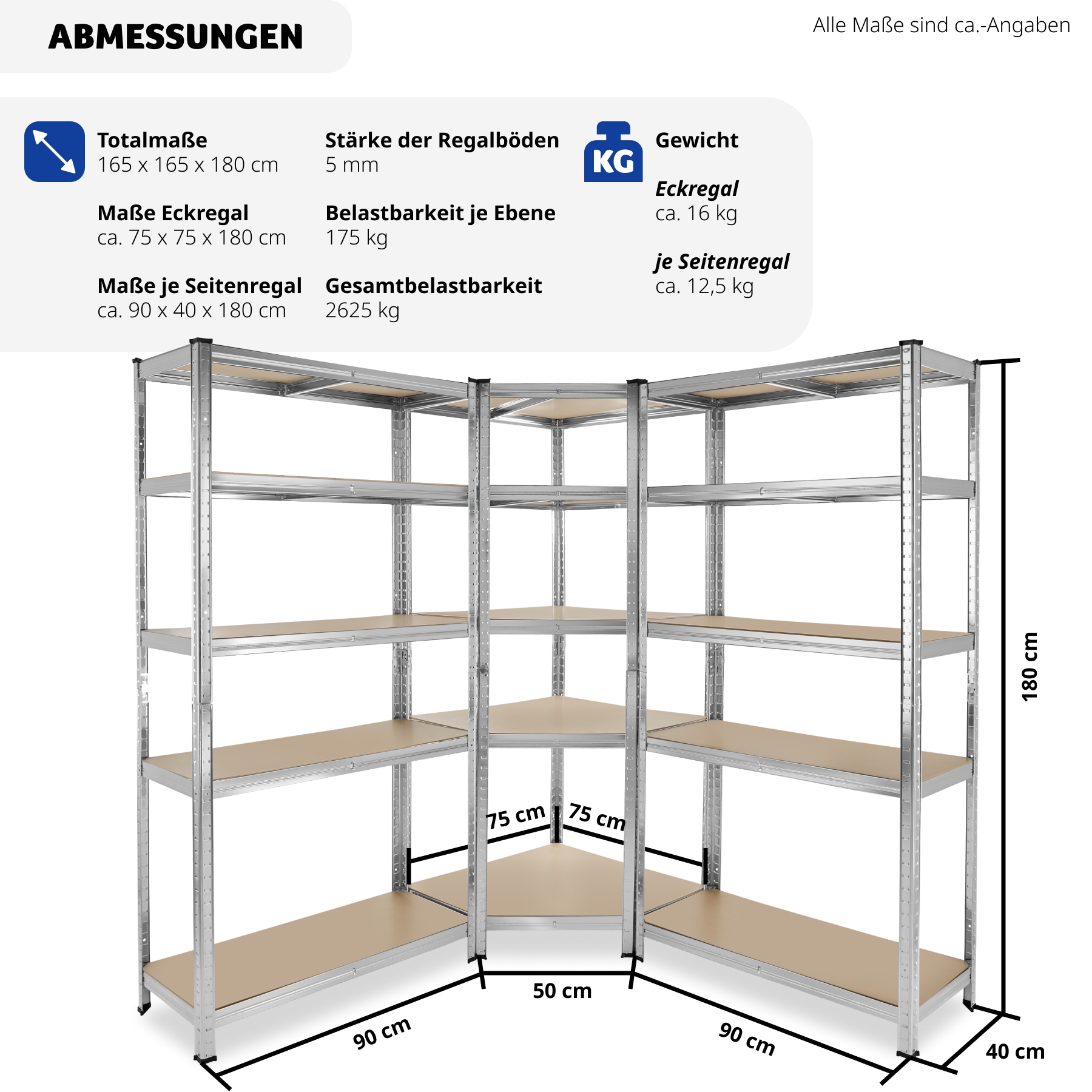 tectake® Schwerlastregalsystem, 3-teilig, 2 in 1 Verwendung als Werkbänke, 15 belastbare, höhenverstellbare MDF-Böden, Gesamtbelastbarkeit 2625 kg, variable Montage im Stecksystem