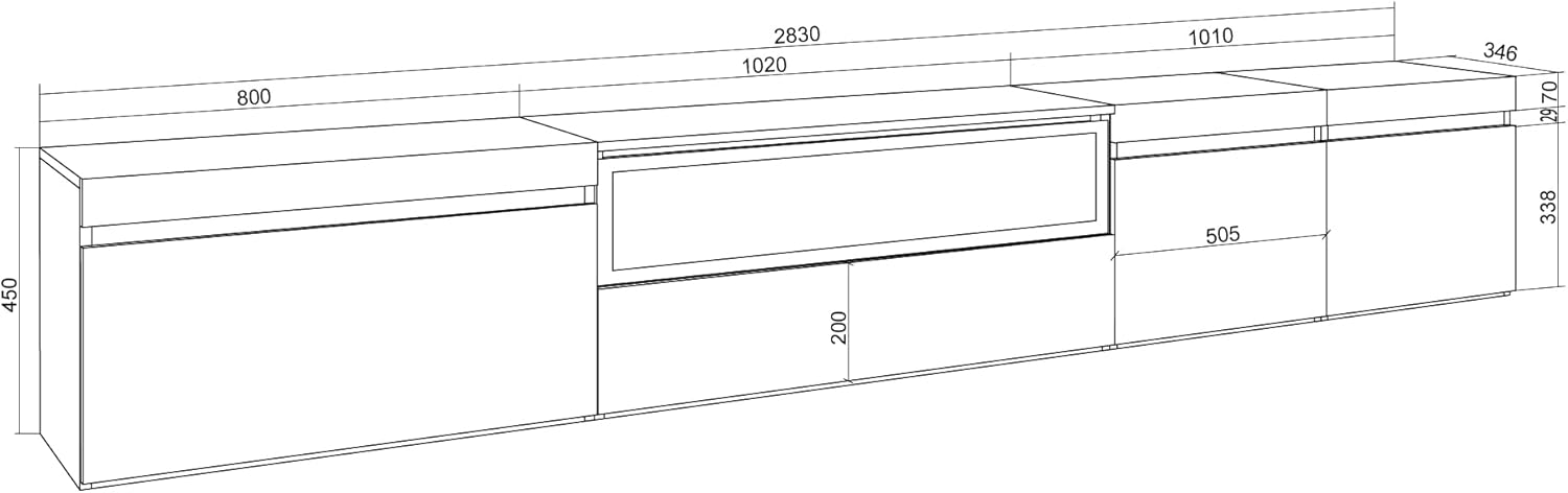 Skraut Home | TV-Schrank, Lowboard | für Wohnzimmer und Esszimmer | 288x45x35 cm | Für großformatiges TV | Elektrokamin. | Hängend | Moderner Stil | Weiß und Eiche Soft