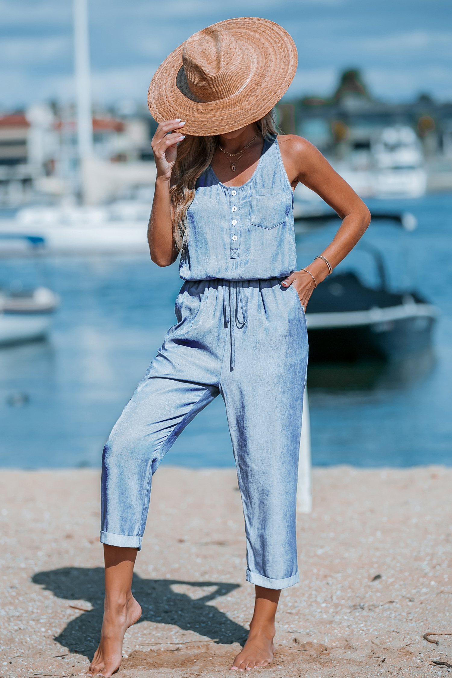 Combinaison en denim avec taille à nouer