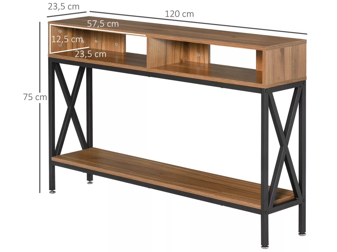 Table Console Table d'Entrée Industriel Multi-rangements 120 x 23,5 x 75 cm Bois Noyer