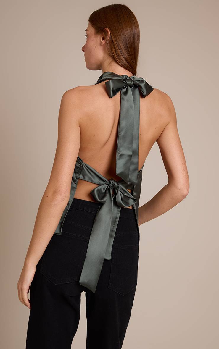 Dark Khaki Top Dos Nu En Satin Col Licou Avec Lien À Nouer