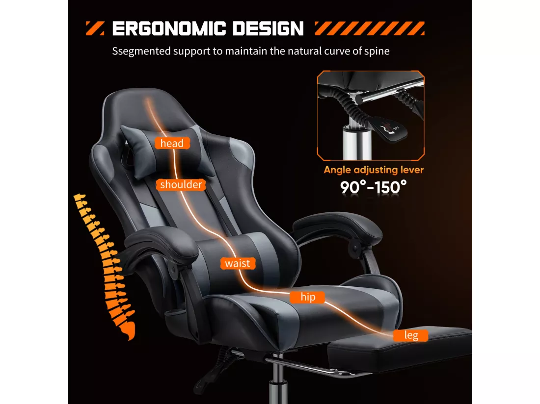 Chaise de jeu ,Chaise de bureau avec repose-pieds et soutien lombaire confortable,Ergonomique,Chaise longue avec appui-tête,PU-cuir,Gris,Noir