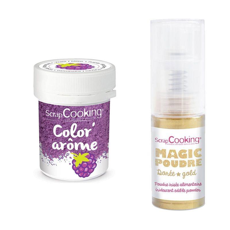 Colorant alimentaire violet arôme mûre + Poudre alimentaire irisée dor