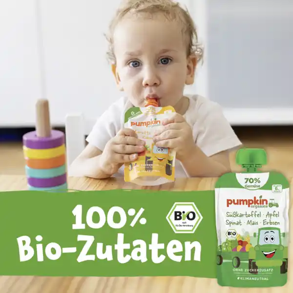 Bio Quetschie mit Süßkartoffel, Apfel, Spinat, Mais & Erbsen