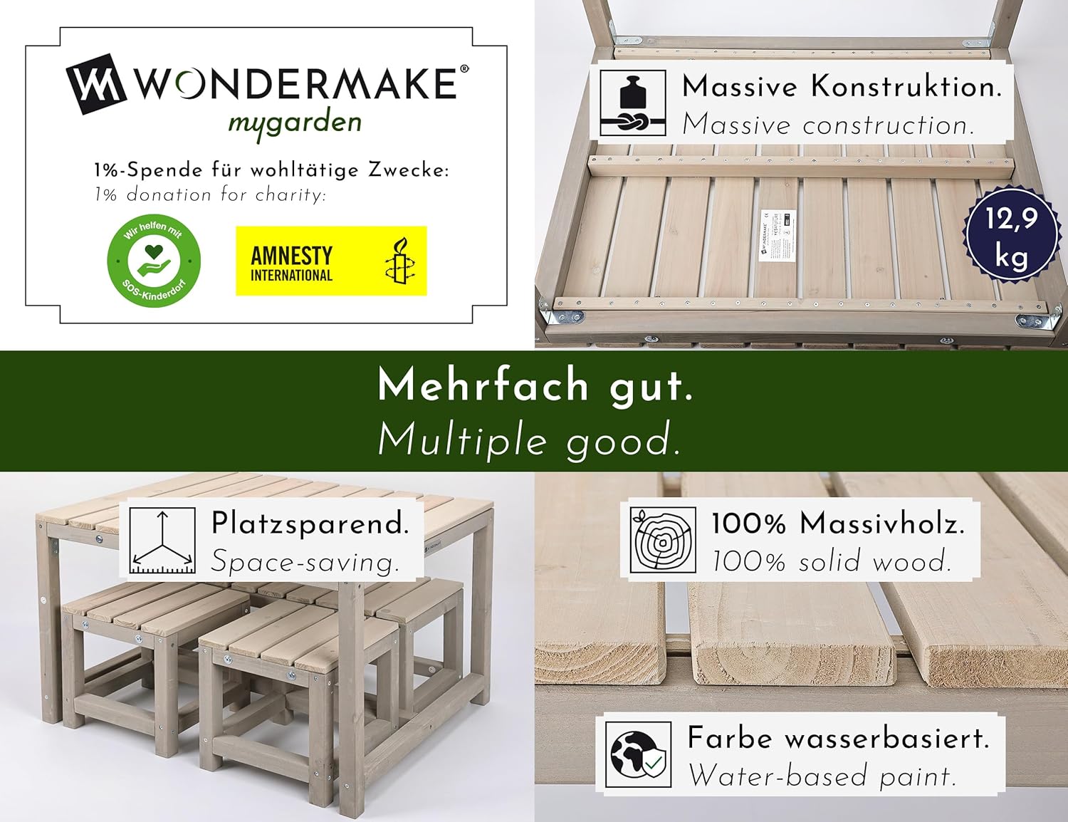 Design Kindersitzgruppe Outdoor Garten Holz mit Abdeckung, Kinder-Sitzgarnitur Indoor Picknick-Gruppe ab 3 Jahre, beige grau