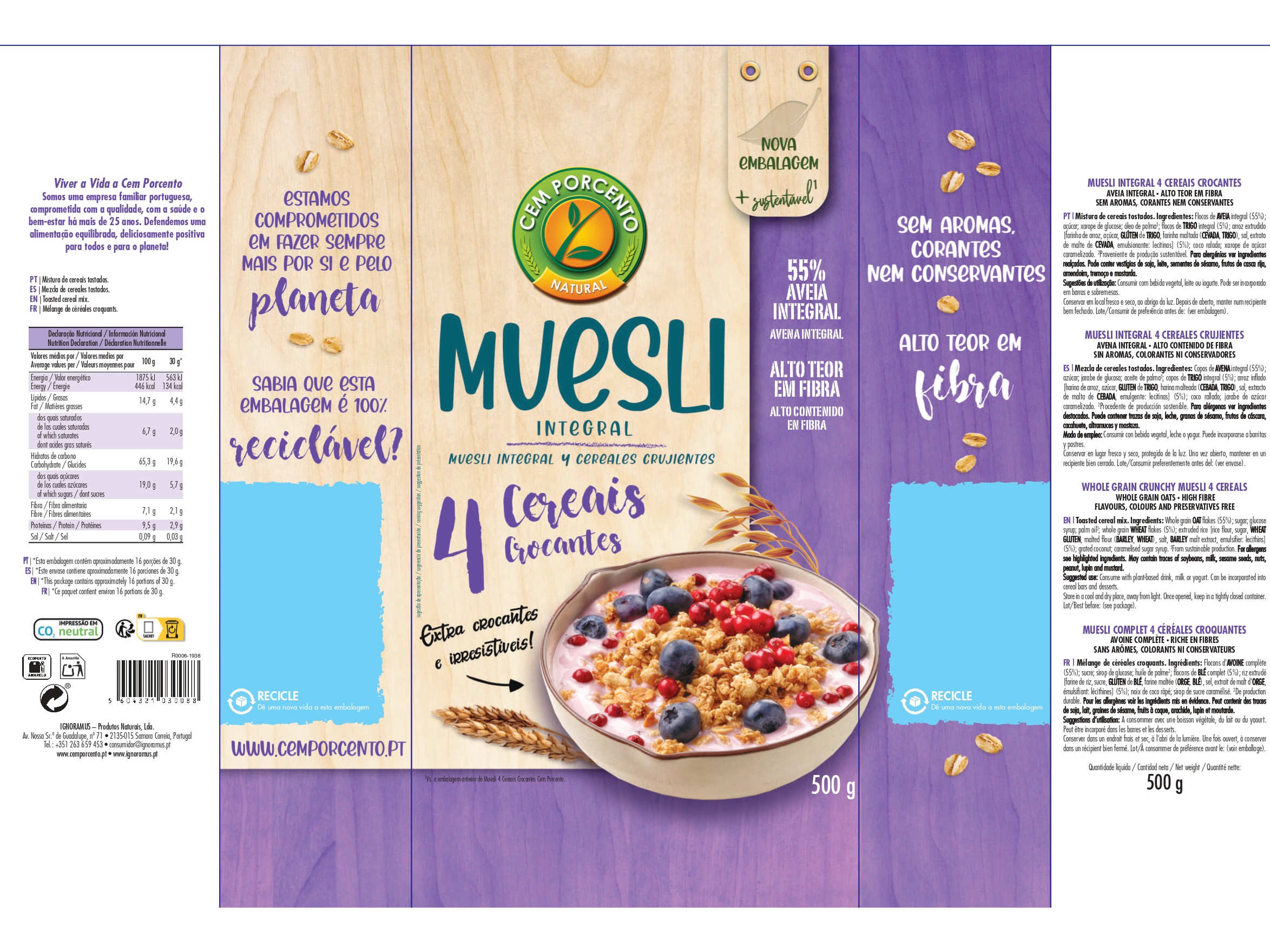 CEREAIS CEM PORCENTO MUESLI CROCANTE 4 CEREAIS 500G