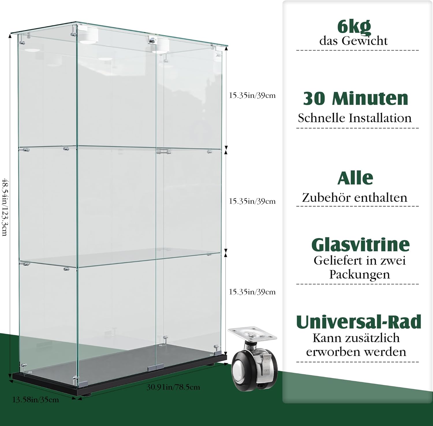 Vitrine für Sammlungen, groß, Glasvitrine mit Licht, 123,3 x 35 x 78,5 cm, Vitrine mit Rollen und LED, 2 Türen, 3 Einlegeböden, transparent (2 Türen, 3 Etagen, Schwarz + Rad)