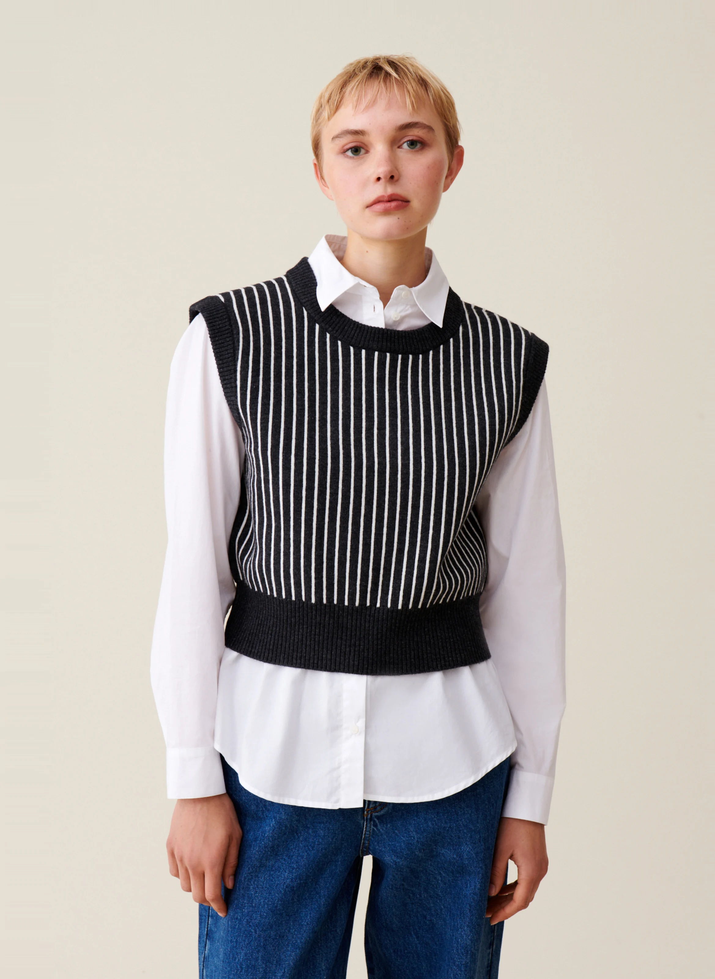 Pull rayé sans manches en maille | Gris