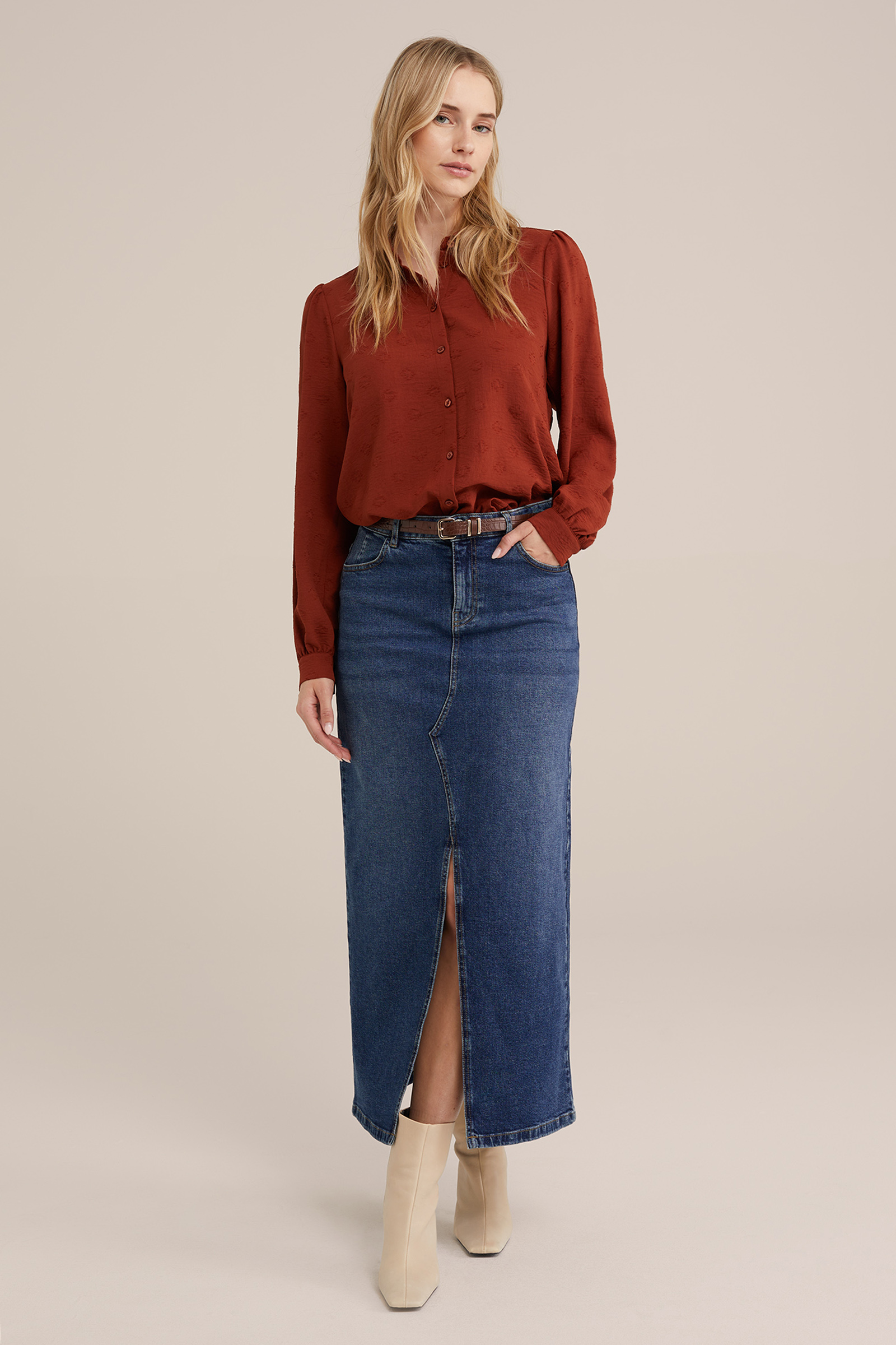 blouse met structuur WE Fashion Kaneelbruin