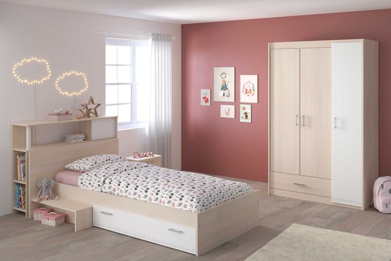 CHARLEMAGNE - Complete Kinderkamer - Licht en Witte Acacia Decoratie - Hoofdbord Bed Kledingkast