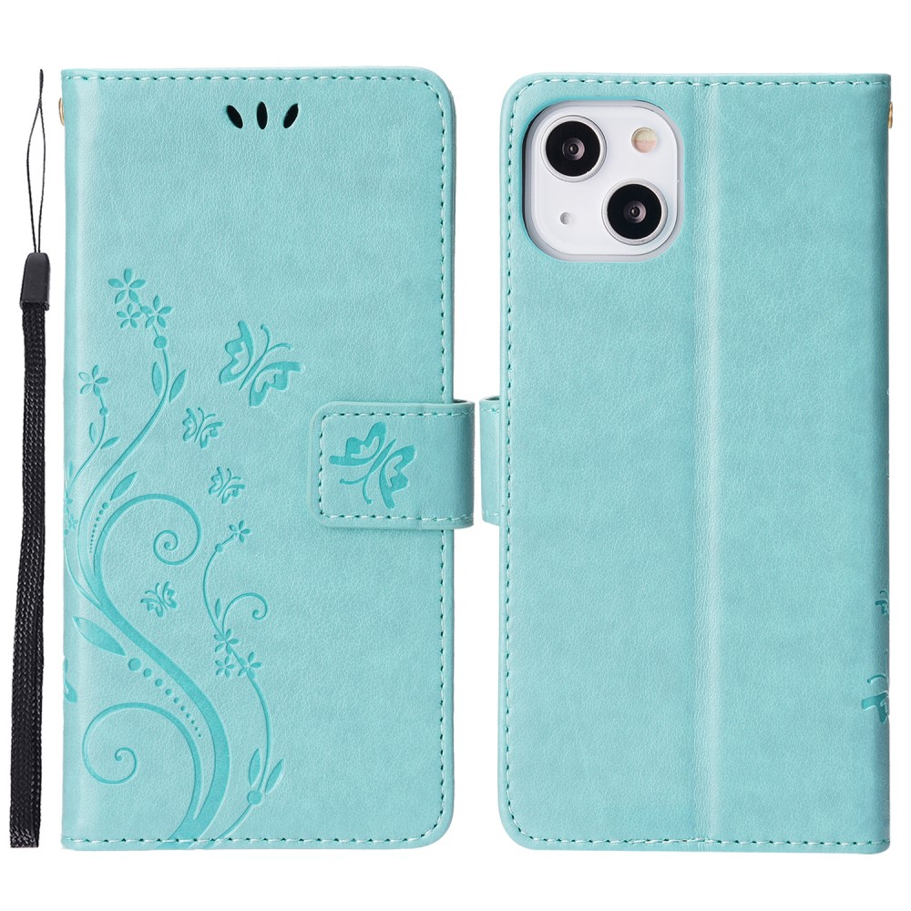 iPhone 13 Leder Tasche mit Kartenfach   Handschlaufe Butterfly Flowers - Türkis