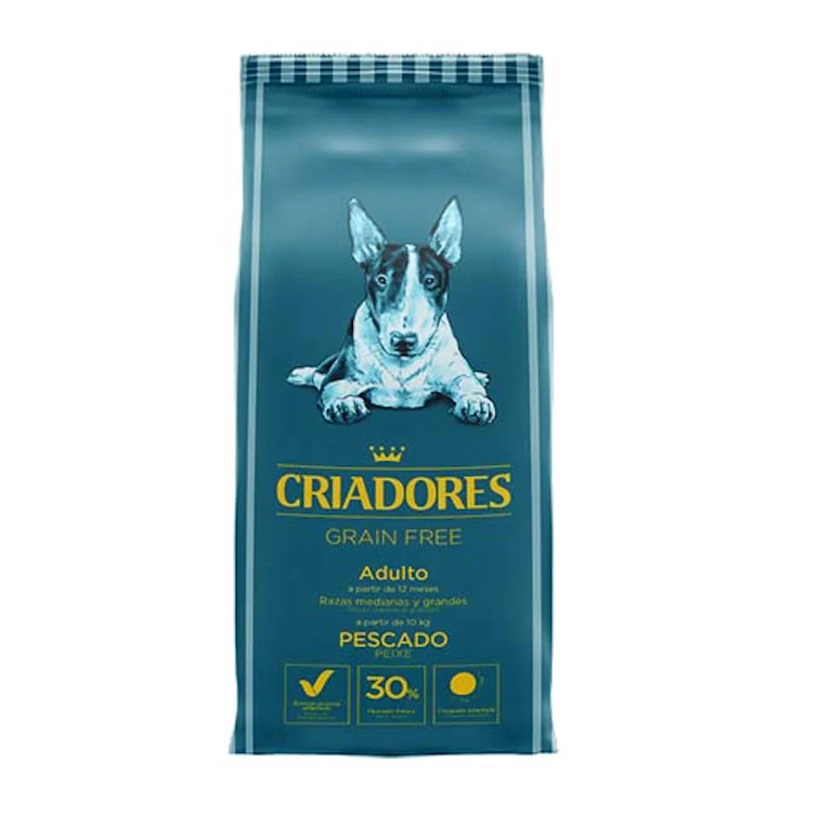 Ração para cães adultos Breeders, sem grãos, sabor peixe, para raças médias e grandes.