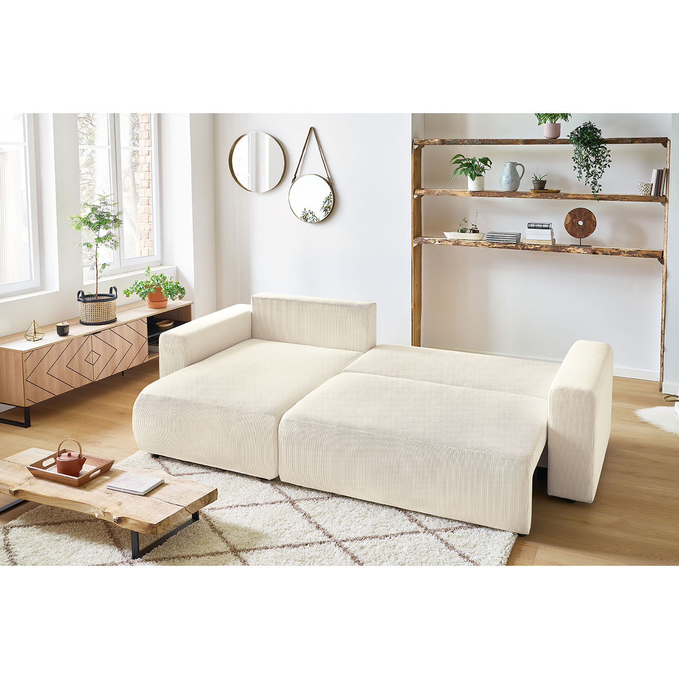 Bobochic Canapé d'angle convertible reversible velours côtelé Envy beige - 282x153x95 cm