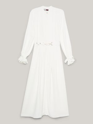 Vestido longo camisa plissado com cinto e detalhe de bridão