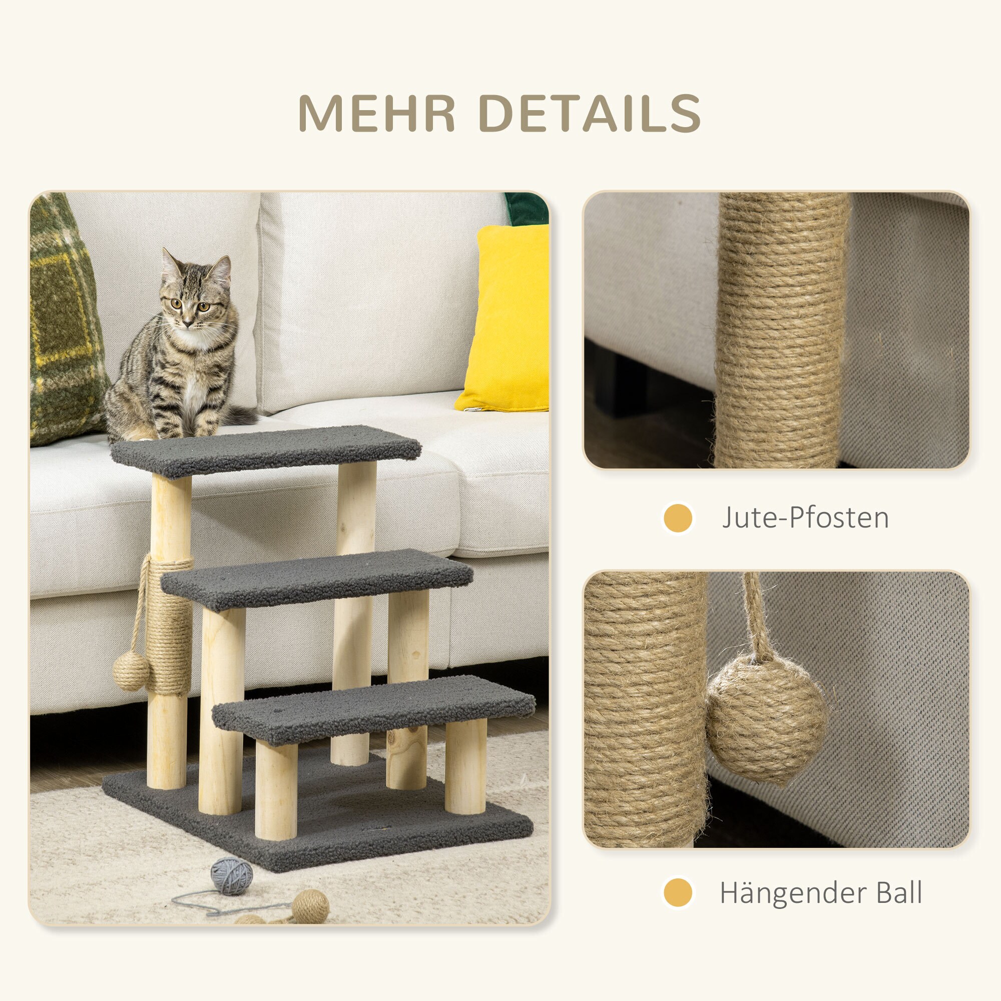 PawHut Kratzbaum mit Spielball grau, natur 45L x 40B x 48H cm